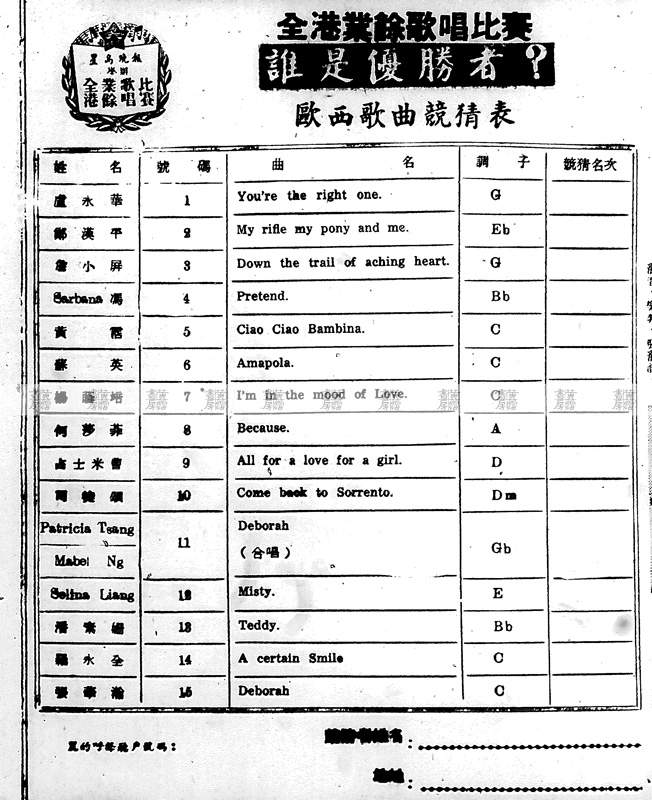 全港業餘歌唱比賽 歐西歌曲